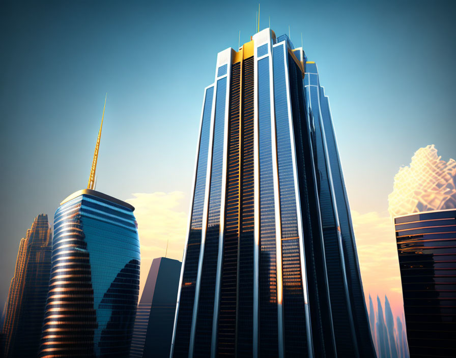 Urban skyline: modern skyscrapers with reflective glass facades at sunset