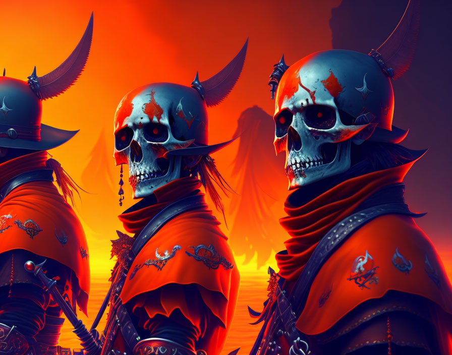 Skeletal warriors in ornate armor with horns and red cloaks on fiery orange background