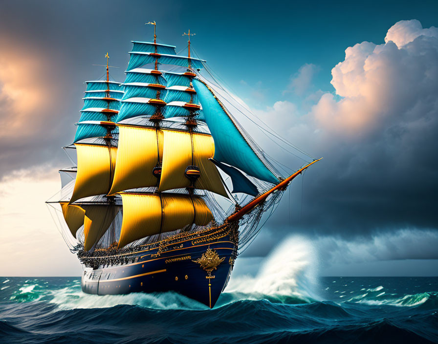 Majestic sailing ship with golden sails navigating turbulent seas