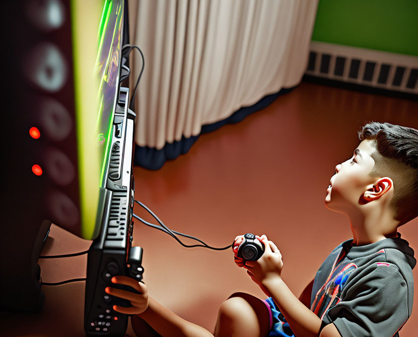 Boy playing video game with controller and focused gaze