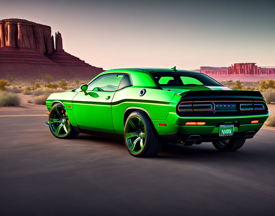 Vibrant green muscle car with black stripes and desert background