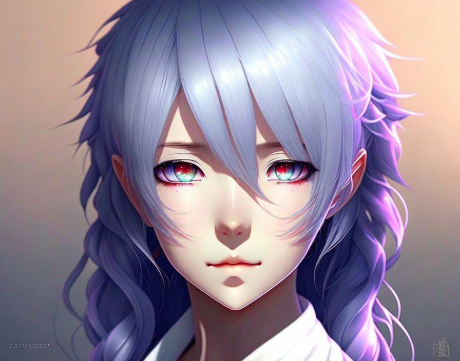 Anime-style character with silver-purple hair, red eyes, pointed ears, and soft expression