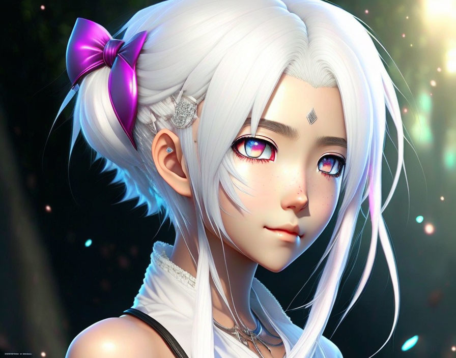 Digital Art Portrait of Girl with Pink Eyes, White Hair, and Purple Bow