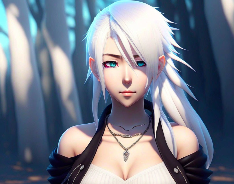 3D illustration of female character with white hair and blue eyes in mystical forest