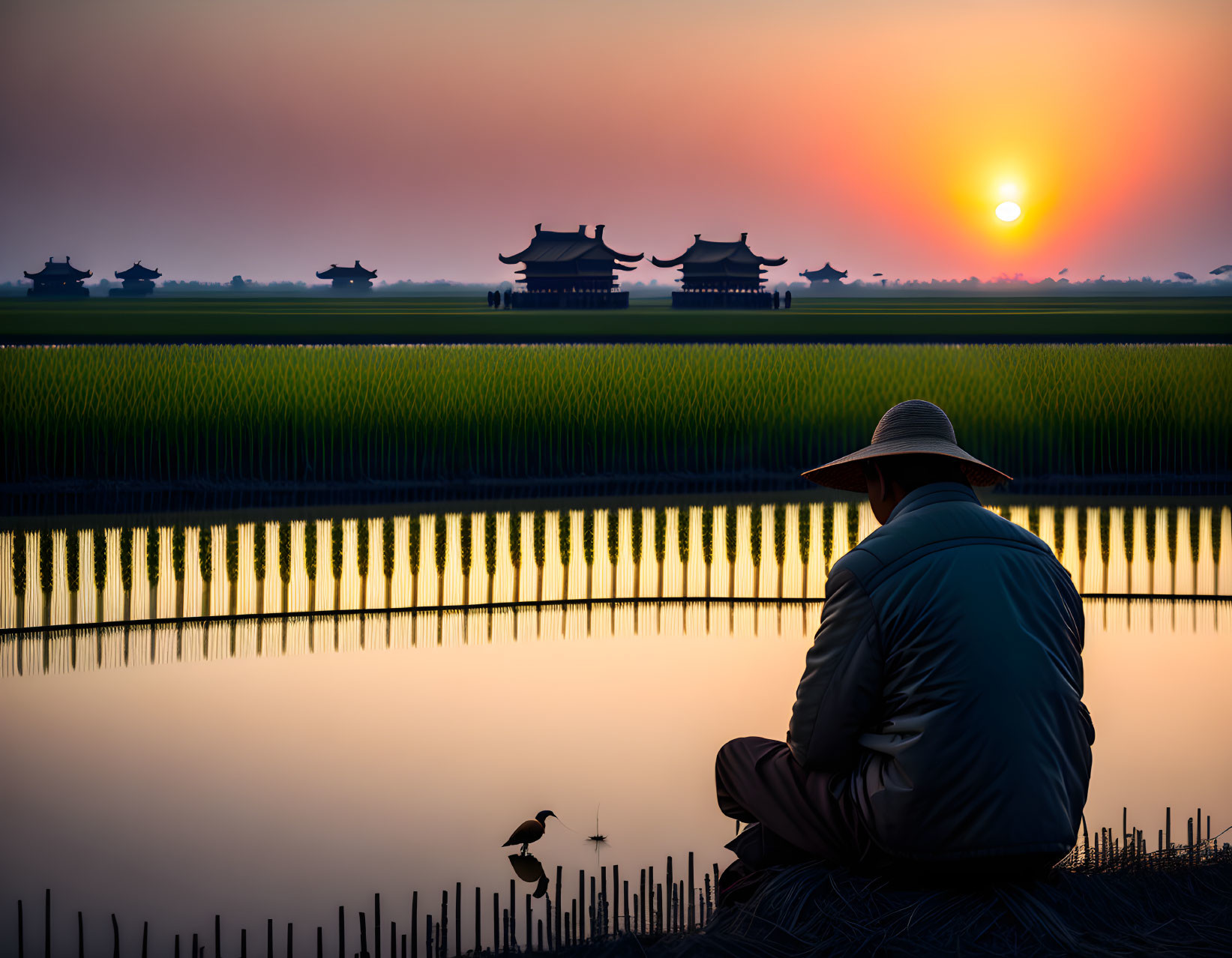 Person in hat by calm water with Asian pagoda buildings at sunset