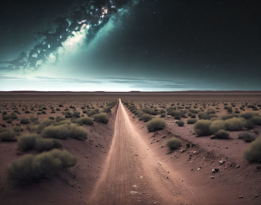 Desert landscape with dirt road under vibrant Milky Way galaxy