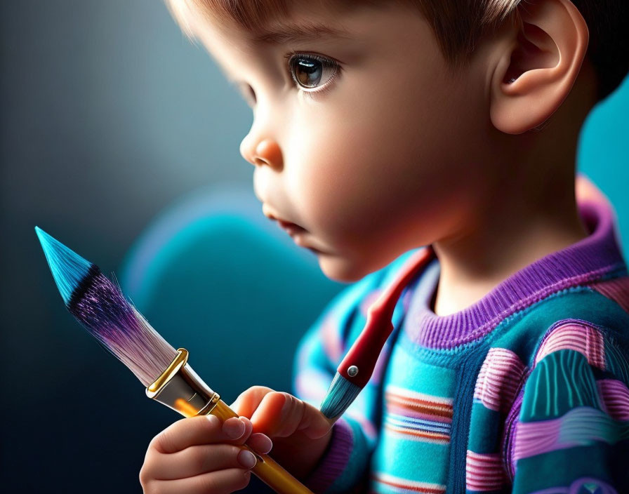 Young child with purple-tipped paintbrush, focused in striped sweater.