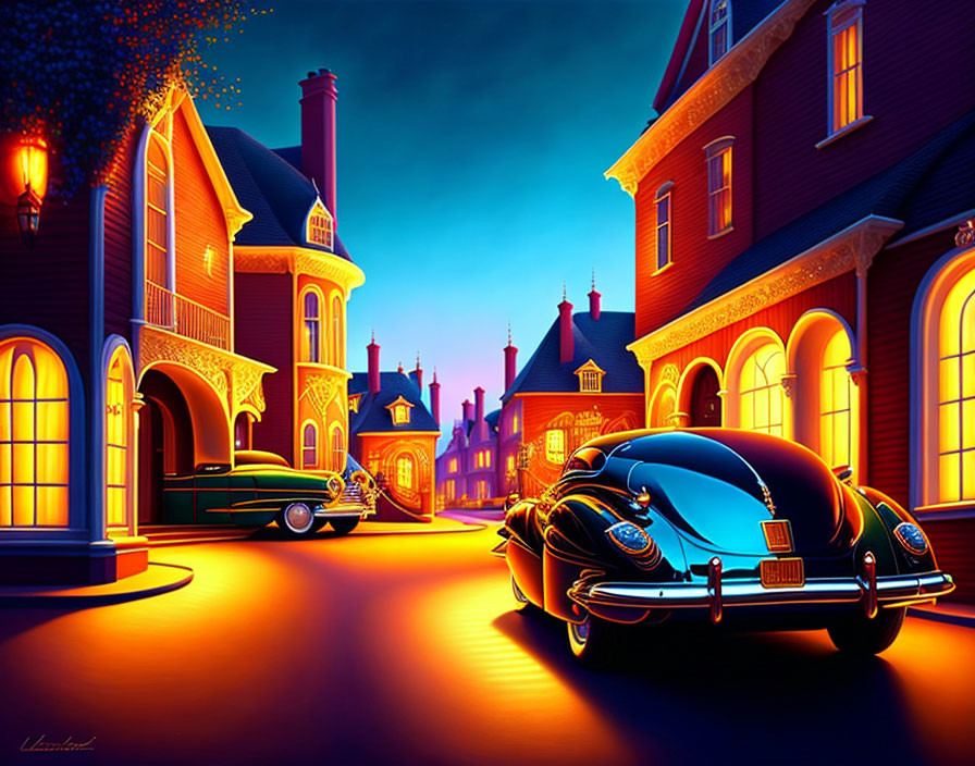 Colorful retro street at night with neon lights and vintage cars.