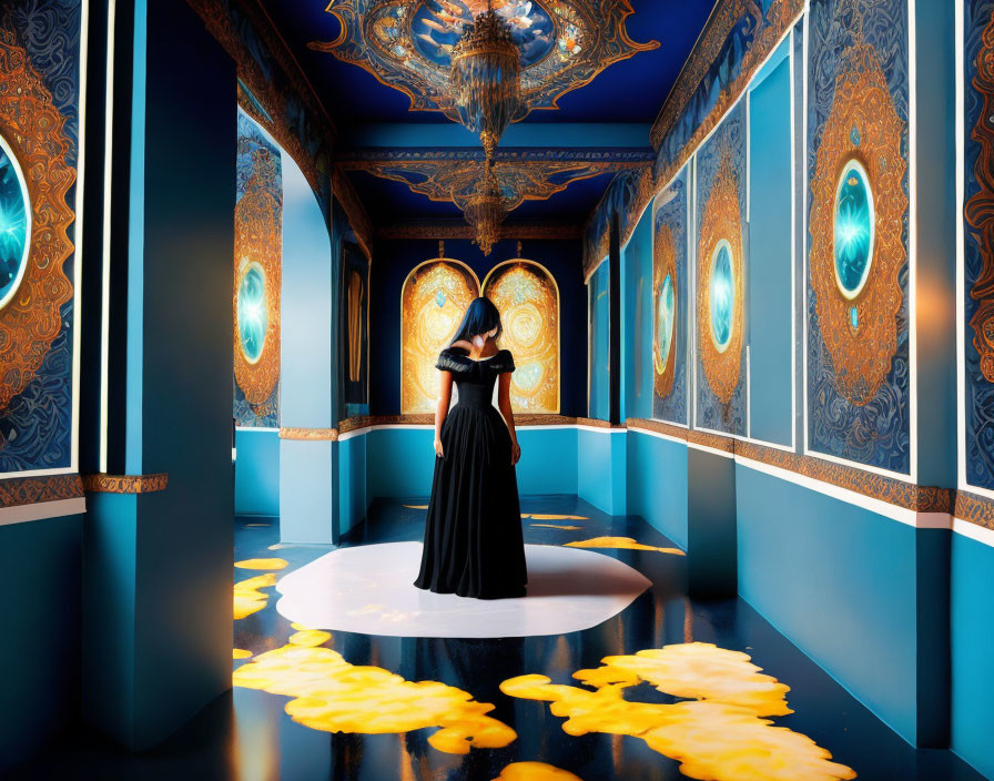 Person in Black Outfit Standing in Ornate Hallway with Blue and Gold Patterns