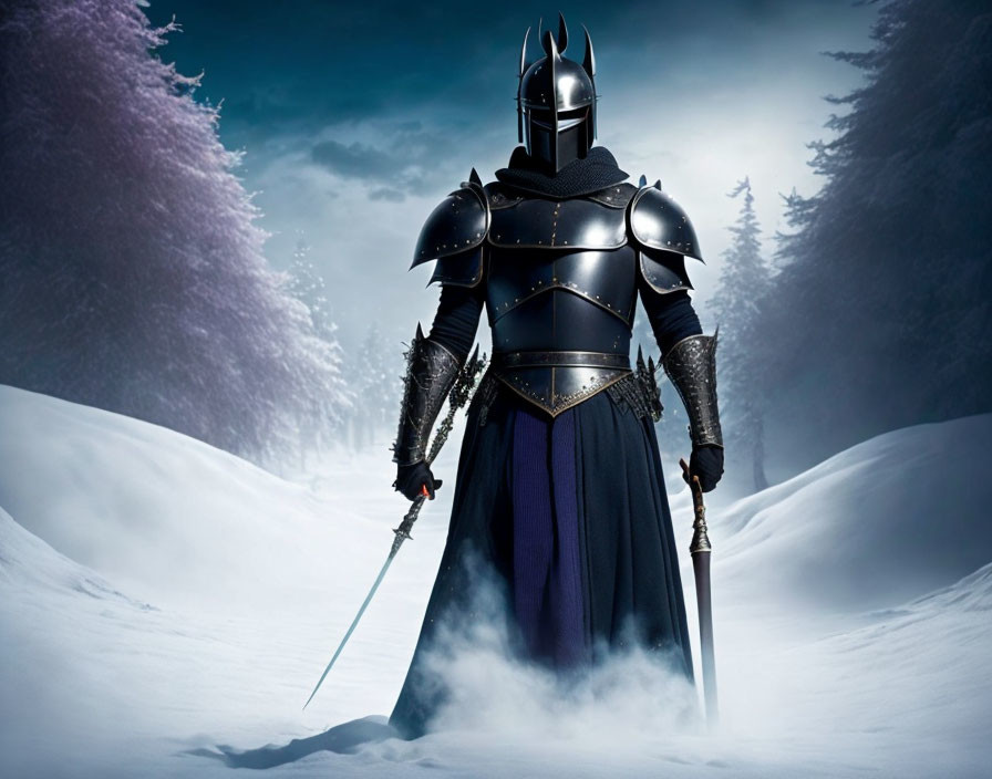 Black-armored knight in snowy twilight landscape with sword and frost-covered trees