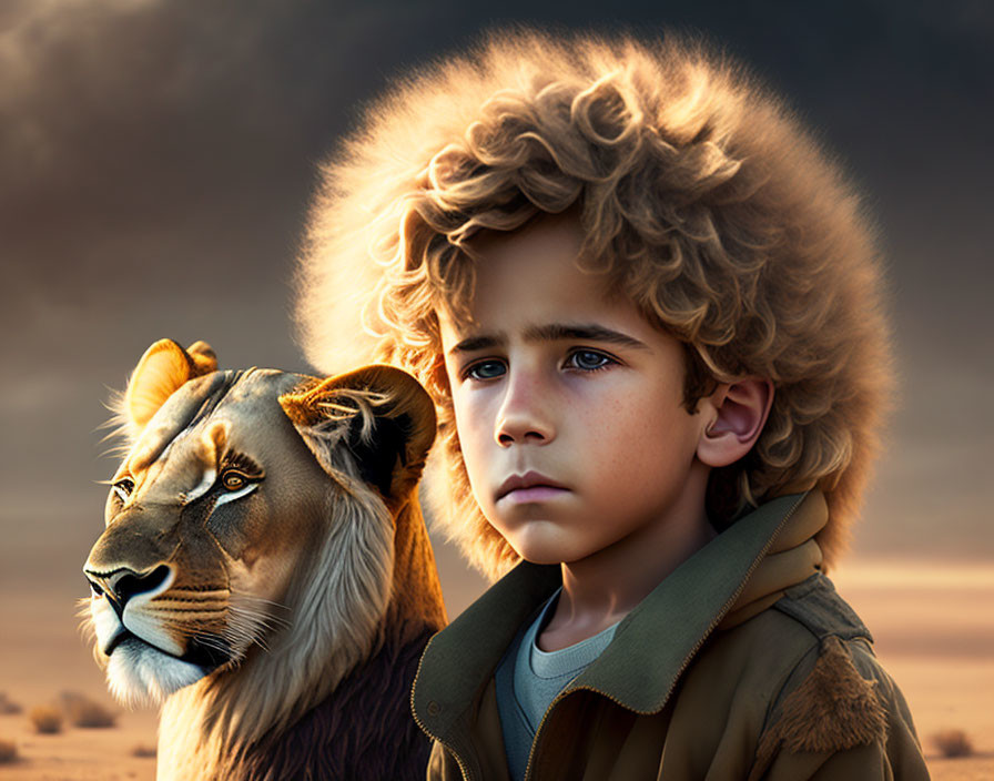 Young boy with curly hair standing beside a lion in savanna at dusk