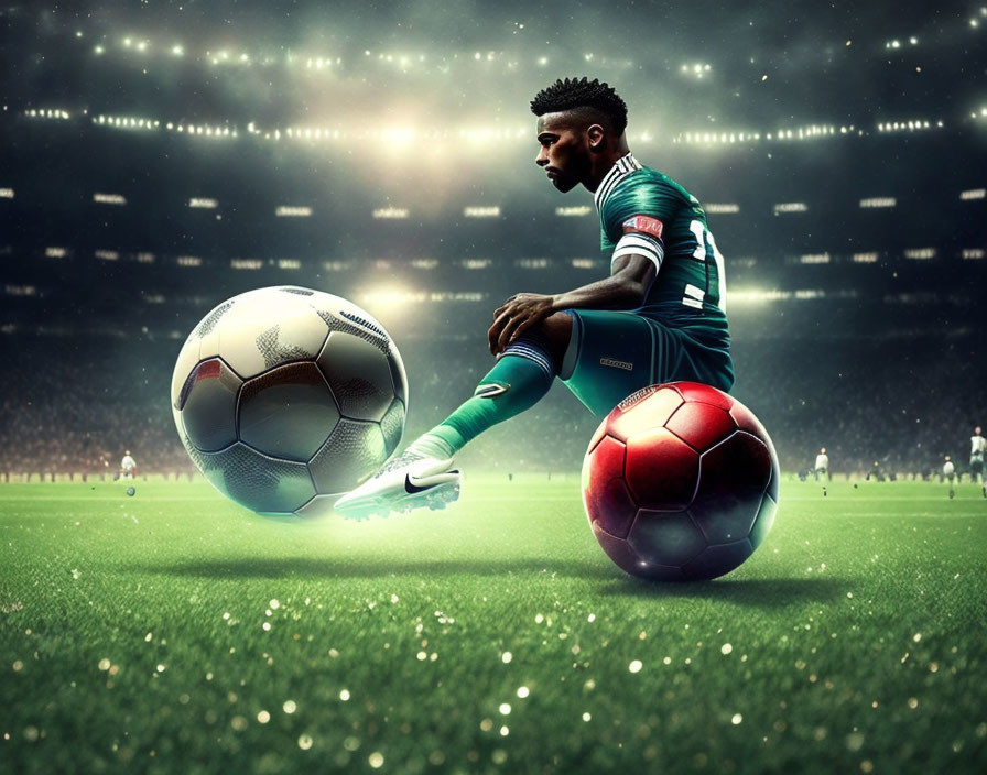 Soccer player in green kit showcasing trick with two footballs under stadium lights