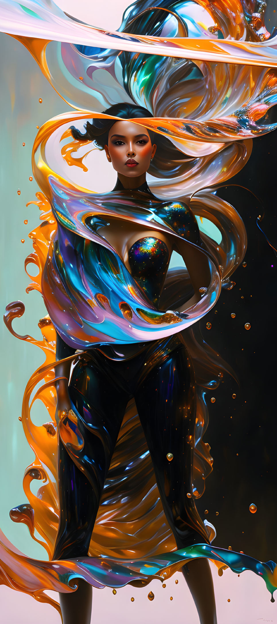 Colorful digital artwork of a woman with swirling colors on cool-toned background