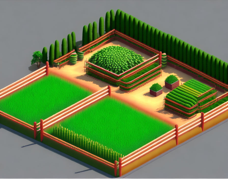 Stylized isometric farm with green fields, crops, trees, red fence