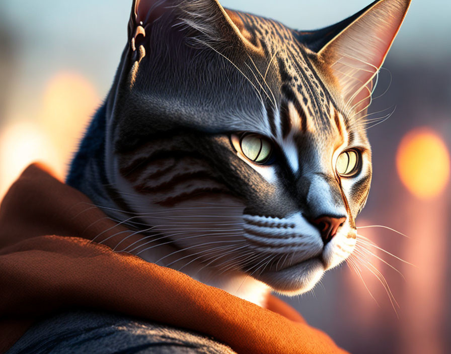 Close-up Digital Artwork: Tabby Cat with Green Eyes in Brown Cloak