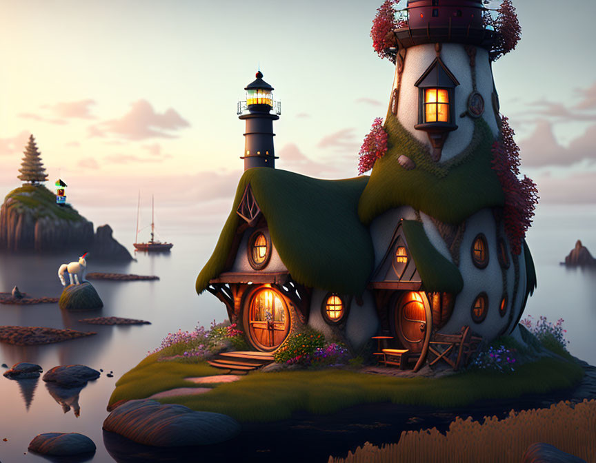 Whimsical house with lighthouse on islet at dusk surrounded by calm waters