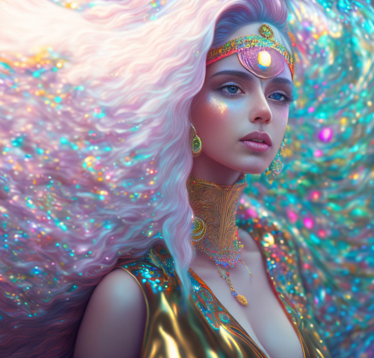 Fantasy portrait of woman with pink hair and golden jewelry