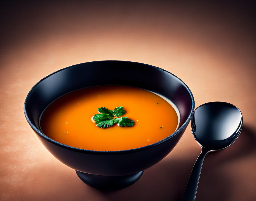 Creamy Tomato Soup with Green Leaf and Black Spoon on Warm Background