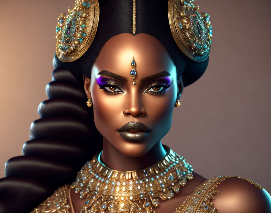 Elaborate Gold Jewelry on Woman with Dramatic Makeup