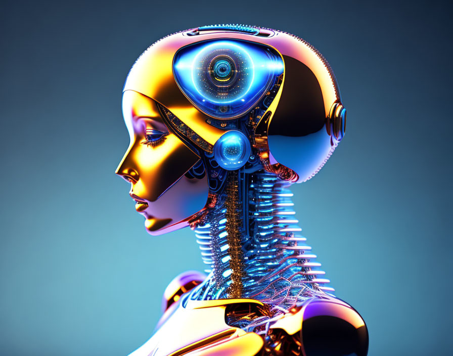 Detailed 3D Female Robot Illustration with Mechanical Parts on Blue Background