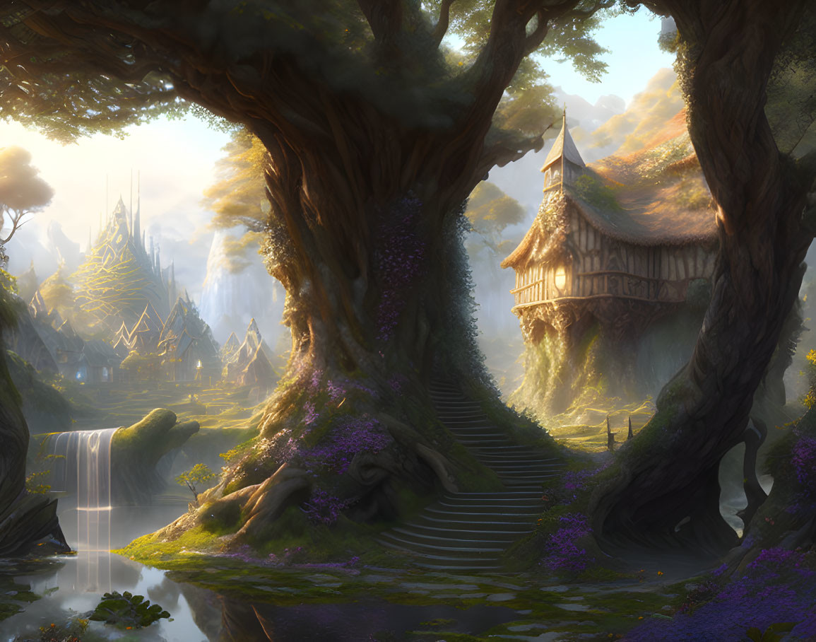 Fantasy landscape with ancient treehouse, waterfall, stone steps, lush greenery, and distant sp