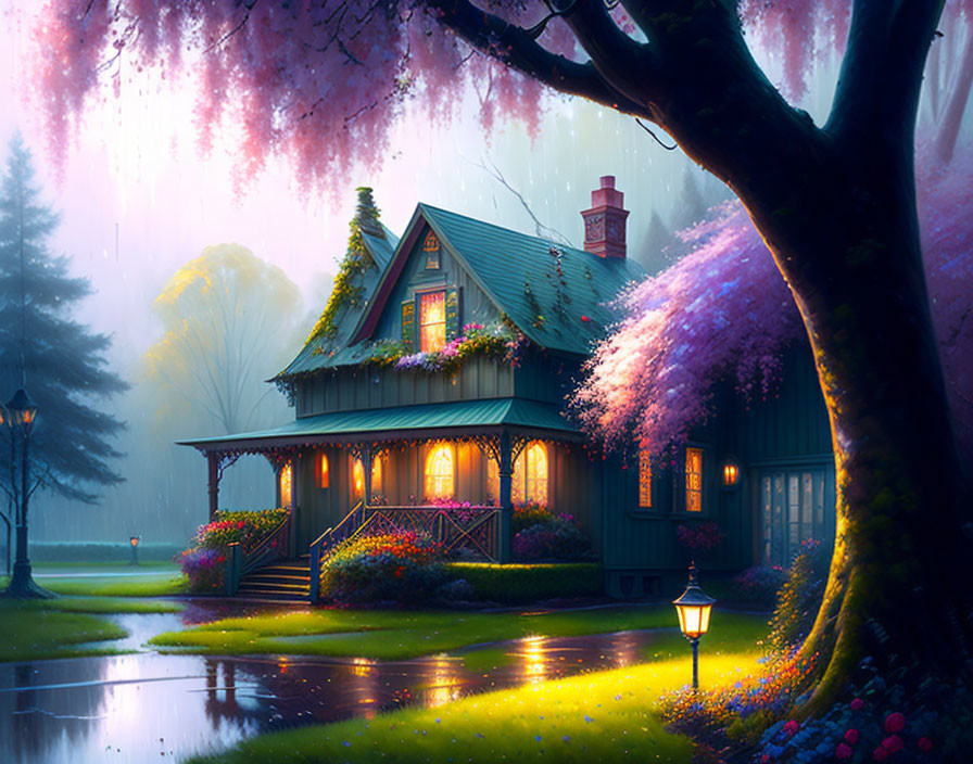 Cozy cottage with glowing lights under pink blossoms in misty setting