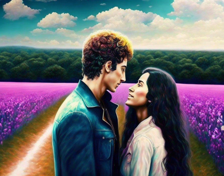 Romantic couple in purple flower field with green forest backdrop