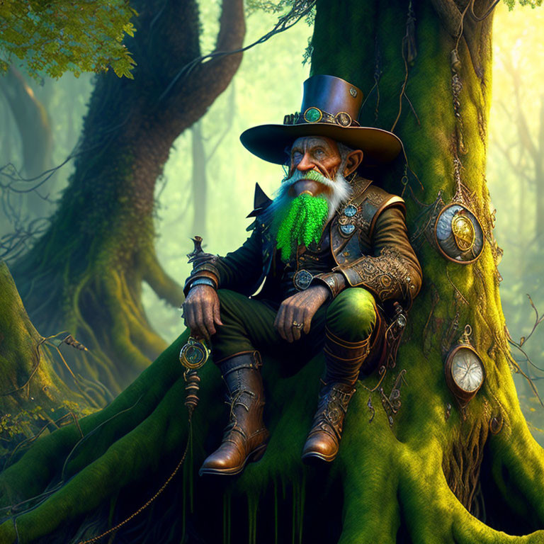 Elder man with green beard in steampunk attire in enchanted forest