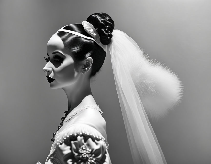 Monochrome bridal portrait with detailed makeup and veiled headdress