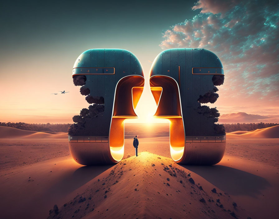 Futuristic helmets archway in desert twilight landscape