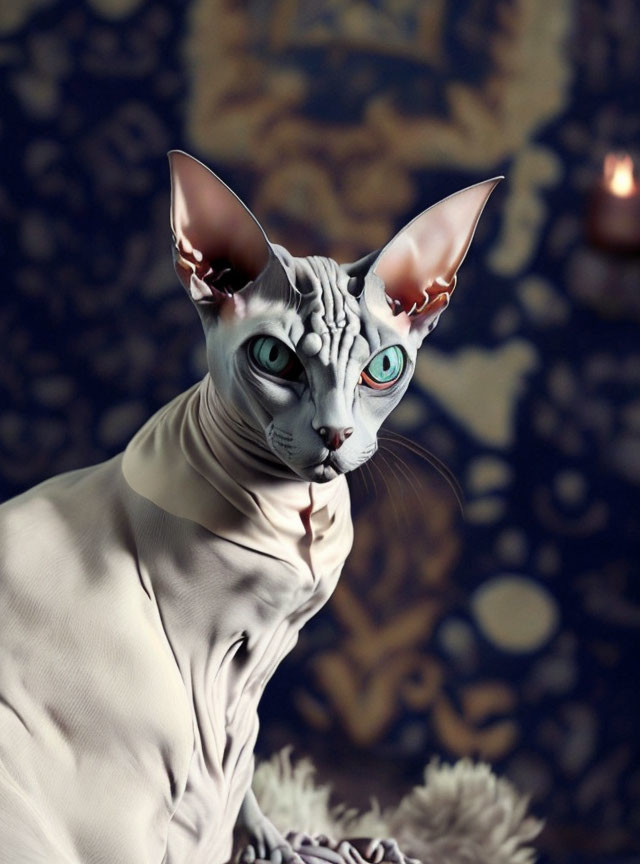 Hairless Sphynx Cat with Blue Eyes on Blue and Gold Patterned Background