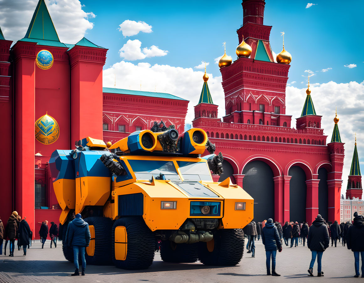 Orange Armored Vehicle with Cannons in Front of Red Square