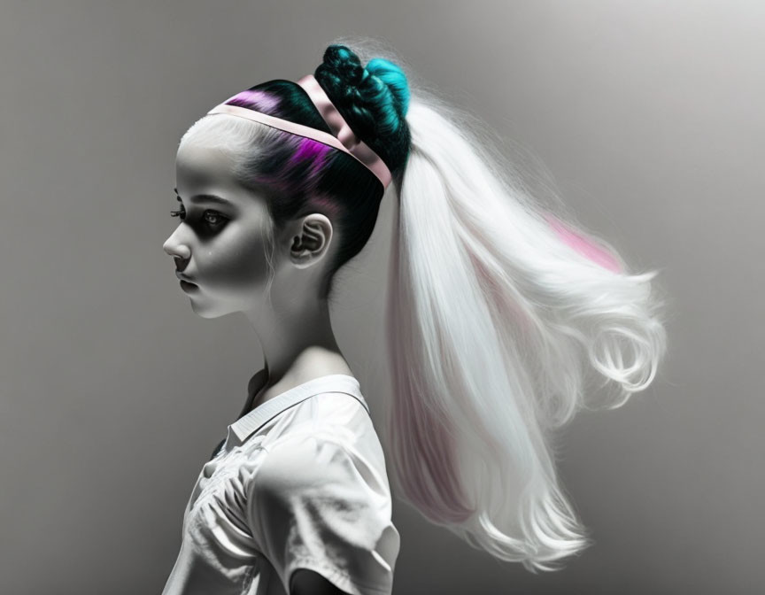 Female profile portrait with monochromatic tones and vibrant high ponytail on gray backdrop