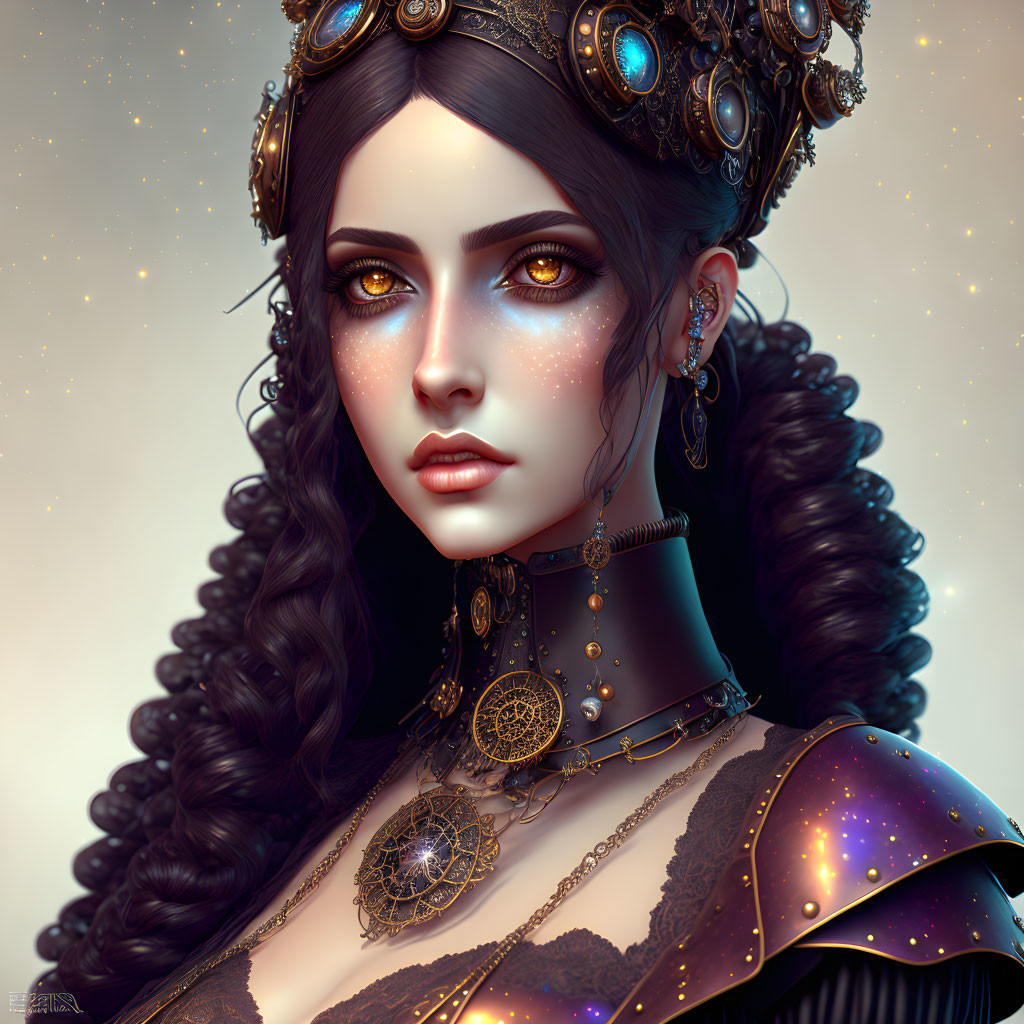 Digital artwork: Woman in steampunk jewelry & galaxy attire