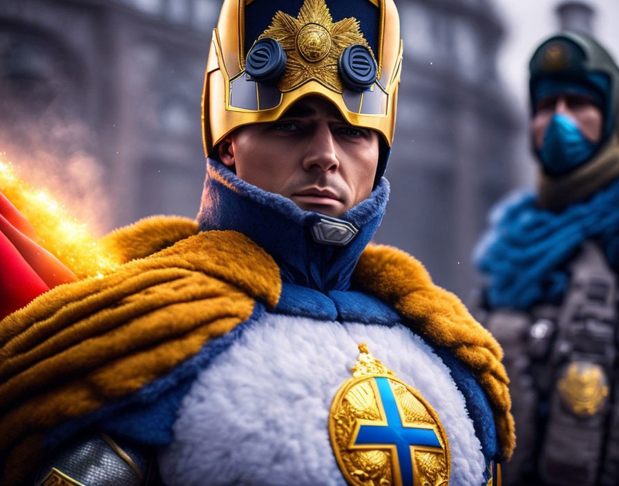 Cosplayer in Blue and Gold Costume with Helmet and Fur Mantle