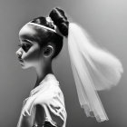 Monochrome bridal portrait with detailed makeup and veiled headdress