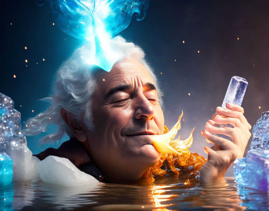 Man with fiery chili pepper tongue and ice cube, blue flame, ice surround.