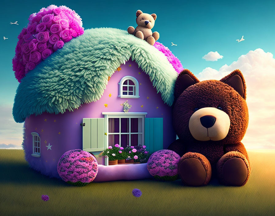 Whimsical purple house with green roof and teddy bear illustration