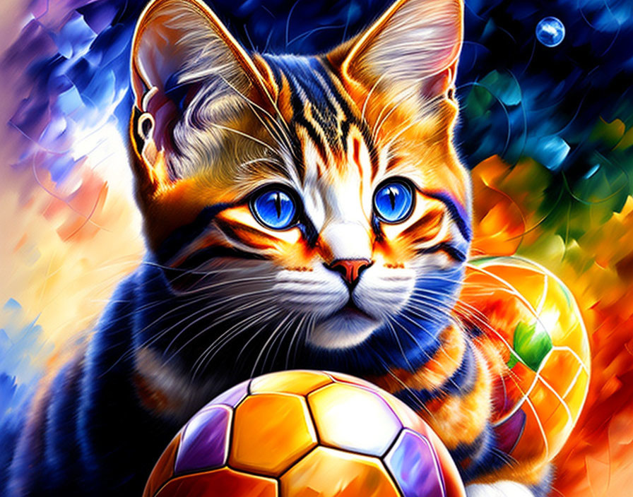 Colorful Digital Artwork: Cat with Blue Eyes on Patterned Background