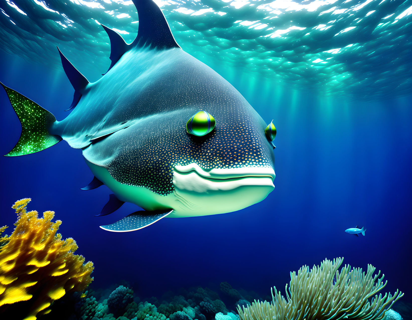 Colorful underwater scene with spotted fish and coral reefs under dappled sunlight