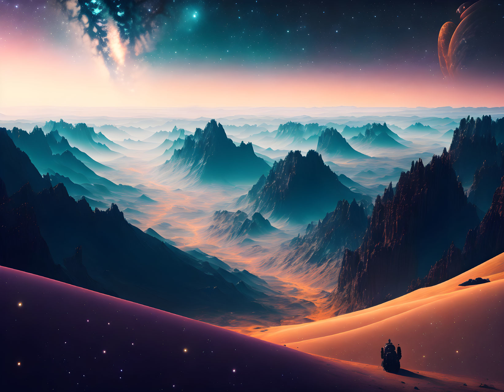 Surreal alien landscape with jagged mountains and figure under starry sky