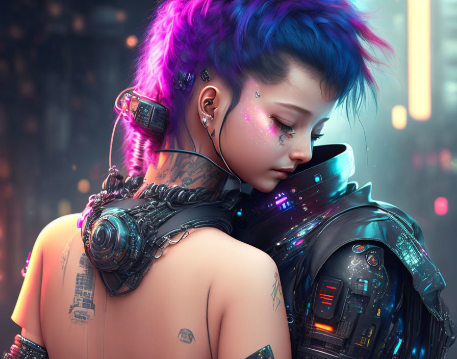 Futuristic cyborg woman with blue hair and tech neck gear in neon cityscape