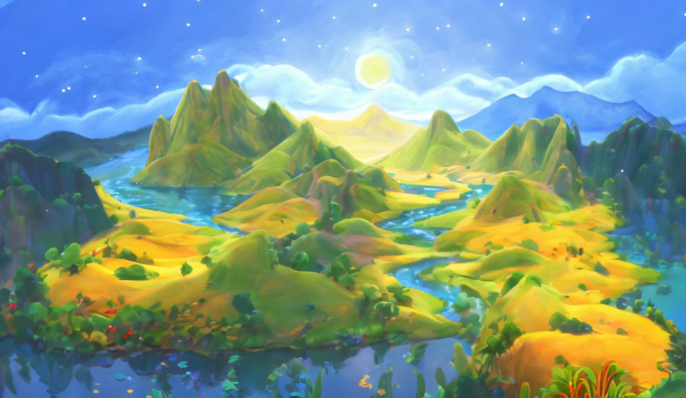 Vibrant whimsical landscape: green hills, winding river, starry sky, full moon