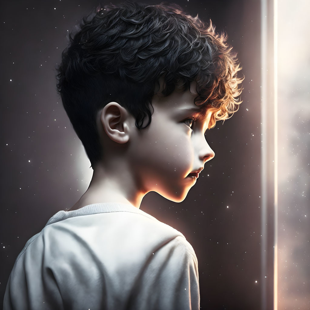 Young boy gazing at bright light against starry night sky