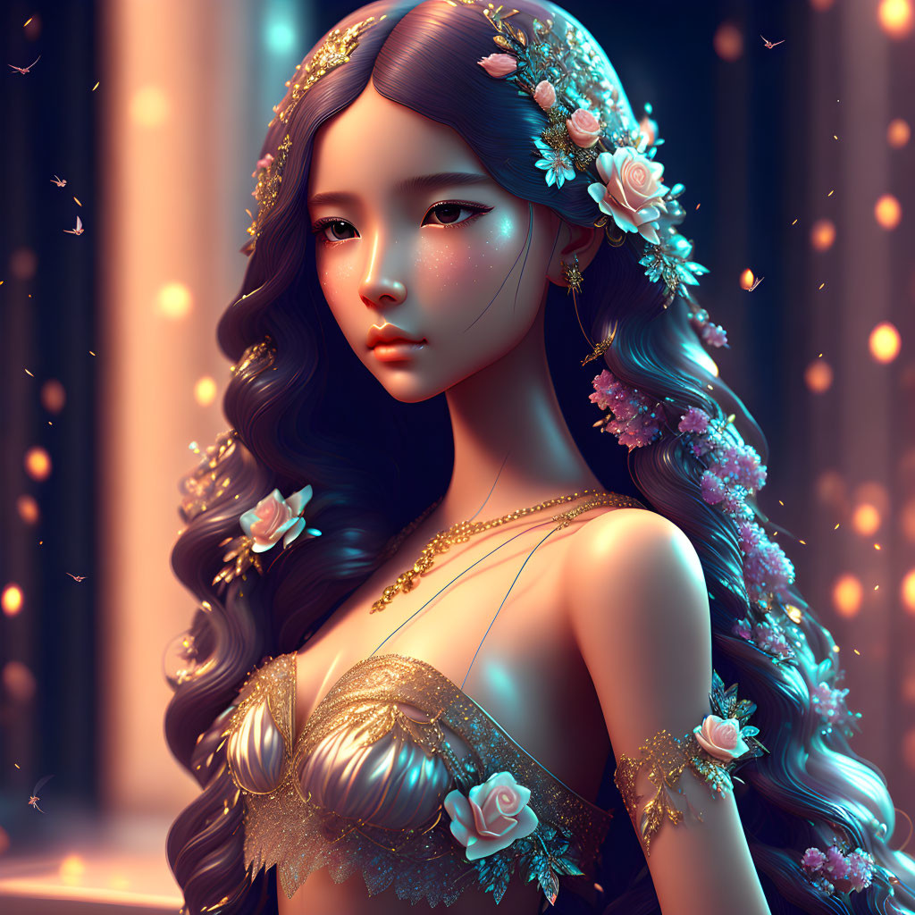 Illustrated woman with long wavy hair, flowers, butterflies, gold dress, glowing orbs.