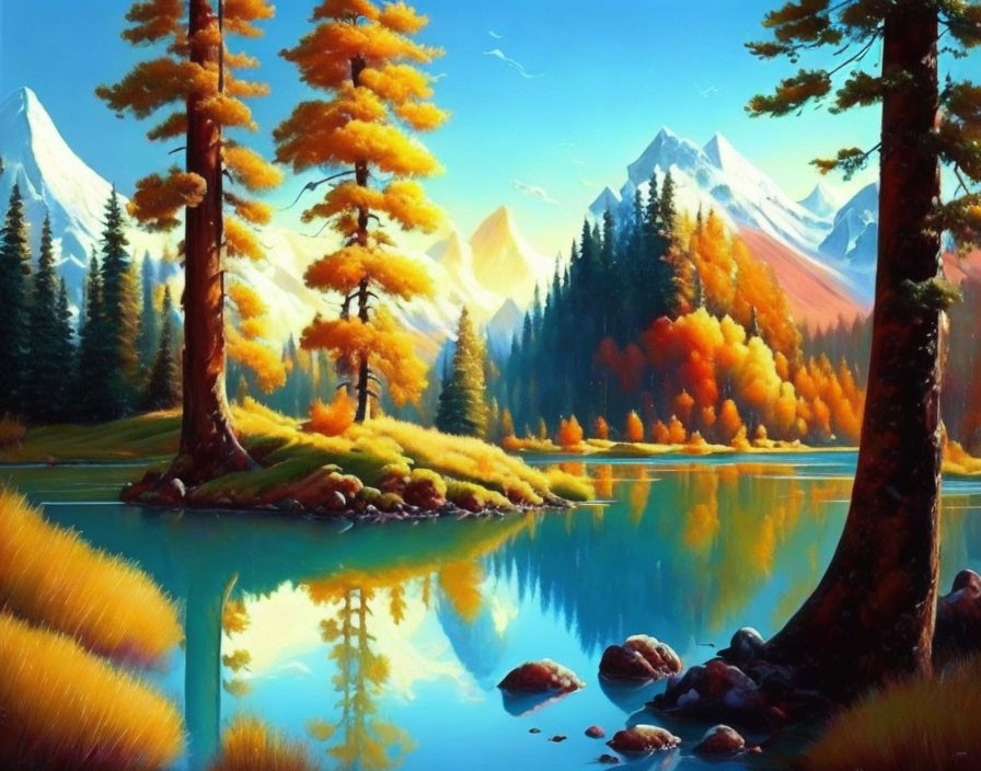 Vibrant autumn trees, serene lake, snow-capped mountains