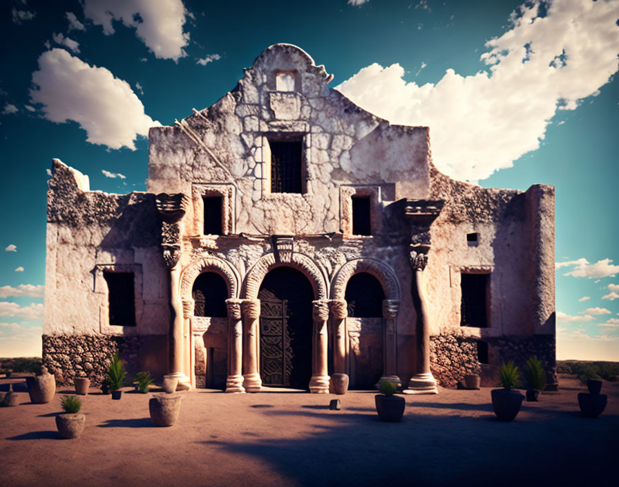 Weathered Spanish mission facade with arched doorways and potted plants under a blue sky