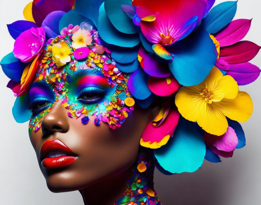 Colorful Flower Adorned Person with Vibrant Makeup