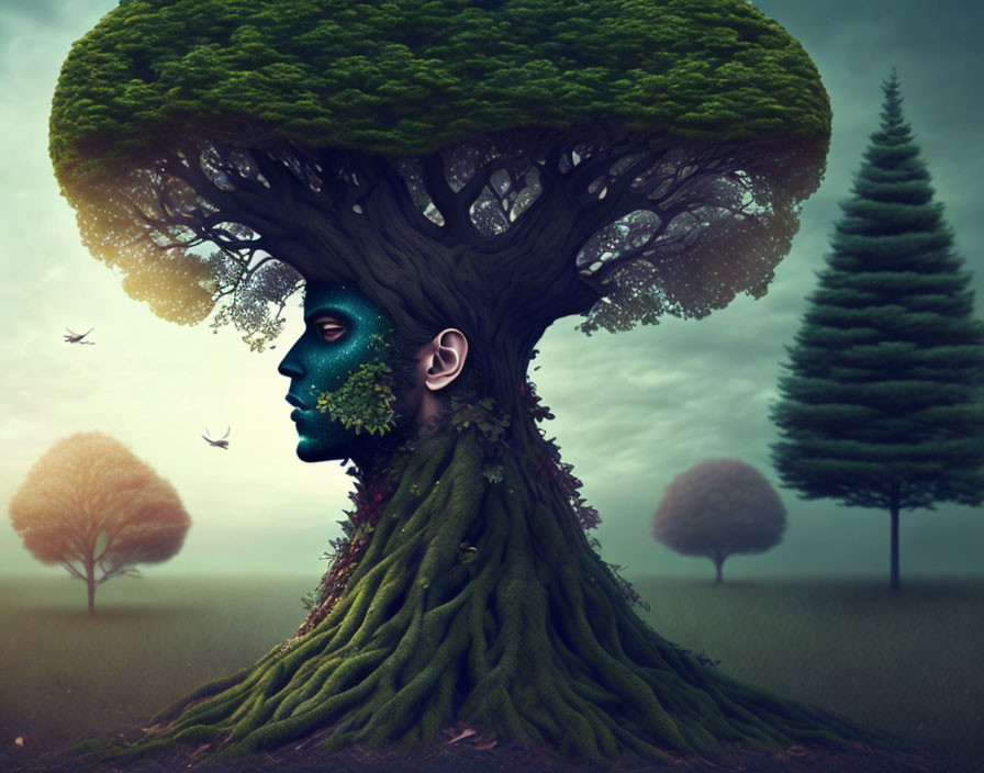 Surreal tree with human face profile in misty landscape