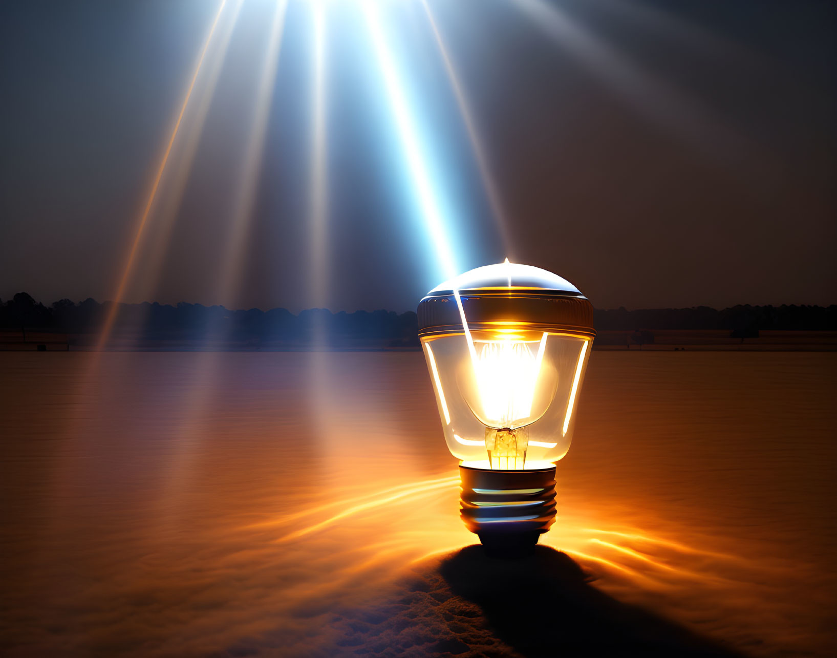 Dramatic glowing light bulb against dark sky backdrop